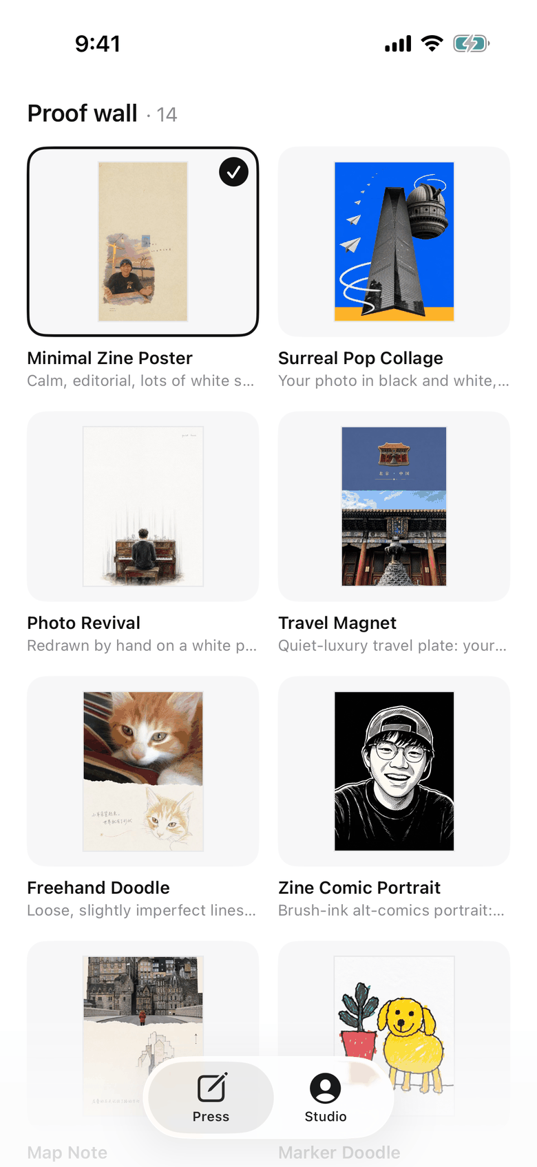 The style wall inside Emotion on a phone: a two-column grid of fourteen poster styles, one of them selected.