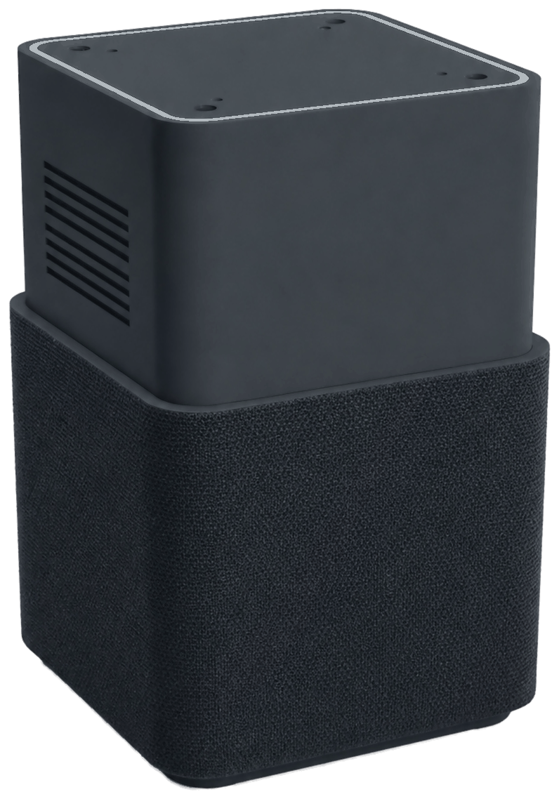 The Nolaka Station prototype, a matte charcoal block wrapped in dark knit fabric.