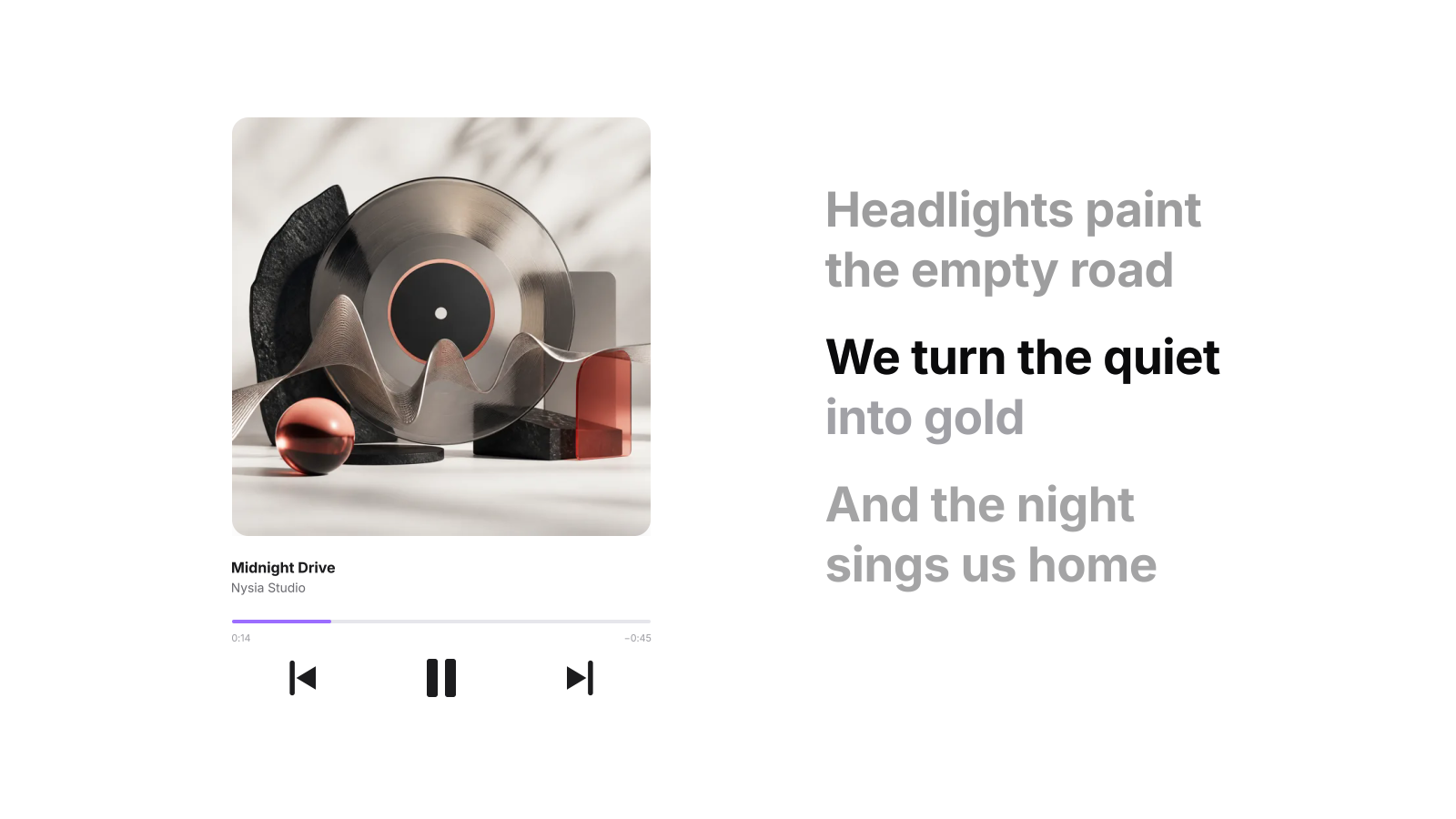 Nysia Studio playing a finished song: cover art, player and synced lyrics.