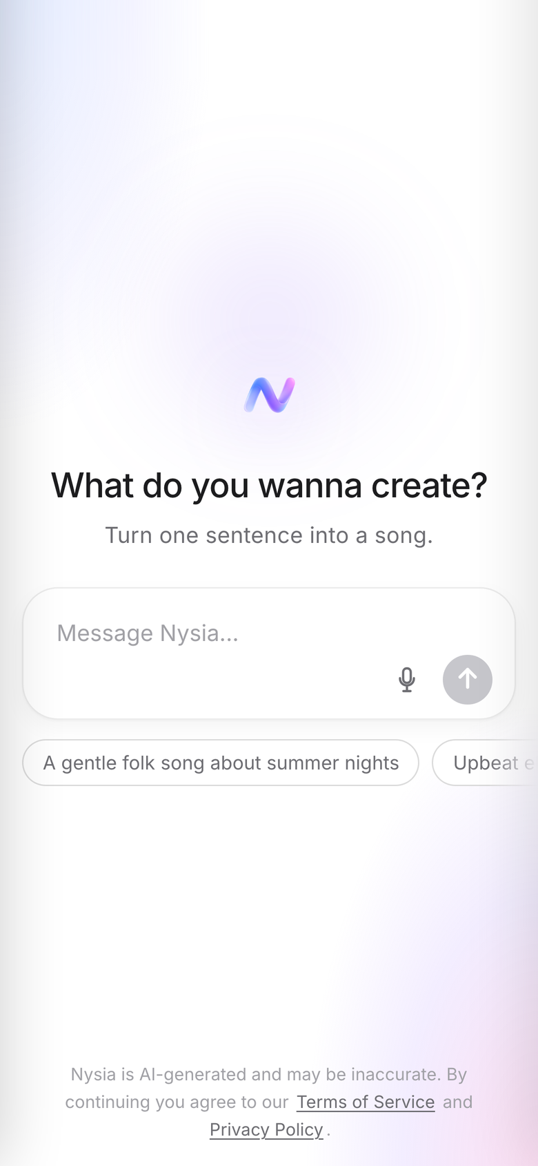 Nysia Studio on a phone: the web app&rsquo;s home screen asking &ldquo;What do you wanna create?&rdquo; with example prompts and a message box.