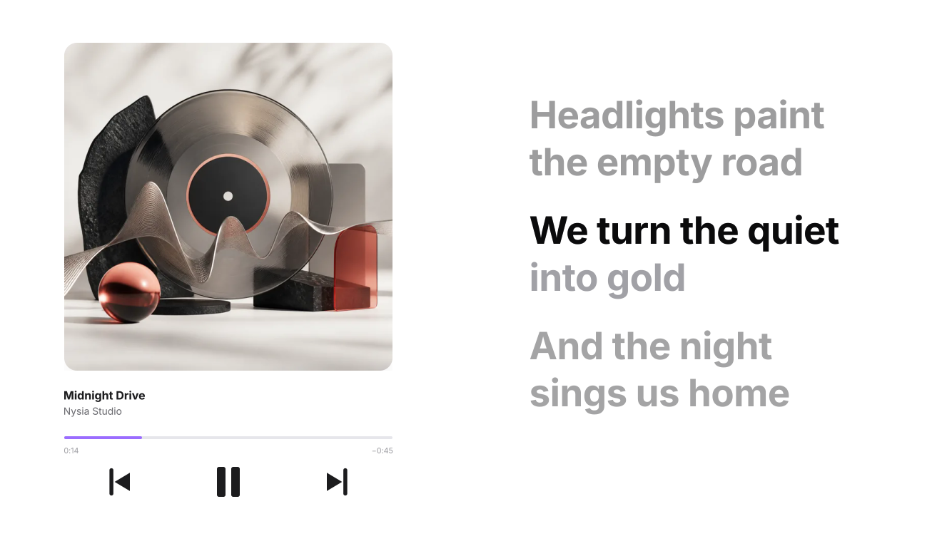 Nysia Studio player — synced lyrics and generated cover