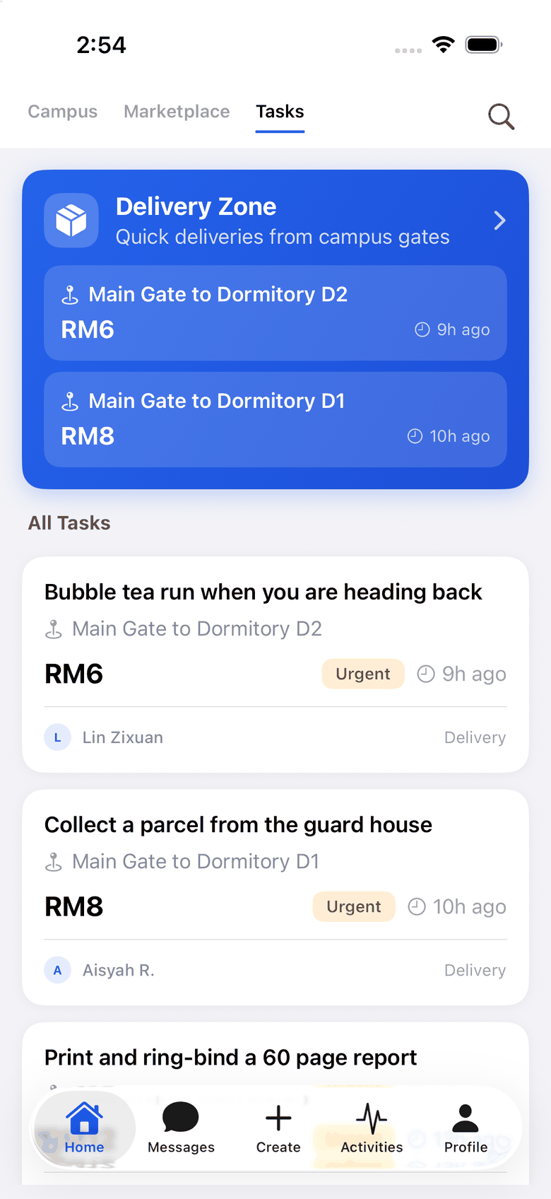 Ours tasks tab: a Delivery Zone card with two campus-gate deliveries, then an All Tasks list of errands posted by students.